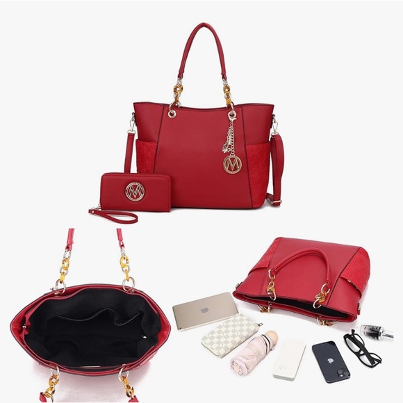 ~Michael Kors-Esque Red Tote Bag & Wallet Set w/Gold Tone “M” Hardware~ - Picture 3 of 14